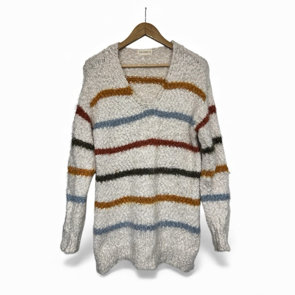 The Nines Fuzzy Bouclé Stripe Sweater Soft Cozy V-Neck Knit | Women’s M